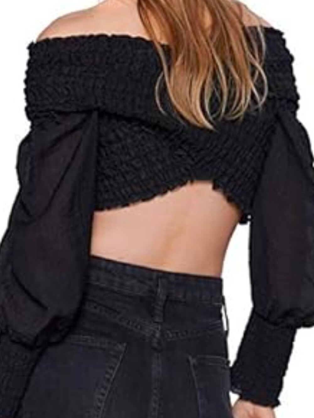 Off-Shoulder Black Smocked Crop Top - Picture 4 of 11